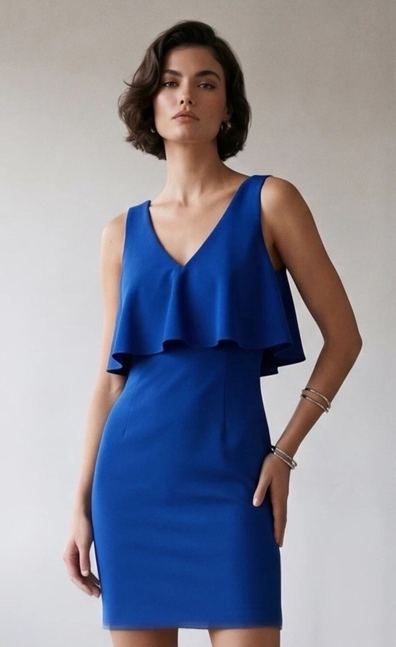 Belle Badgley Mischka Royal Blue Ruffle V-Neck Sheath Dress - Size 8 EUC